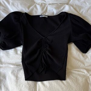 Zara Black Ribbed V-Neck Top